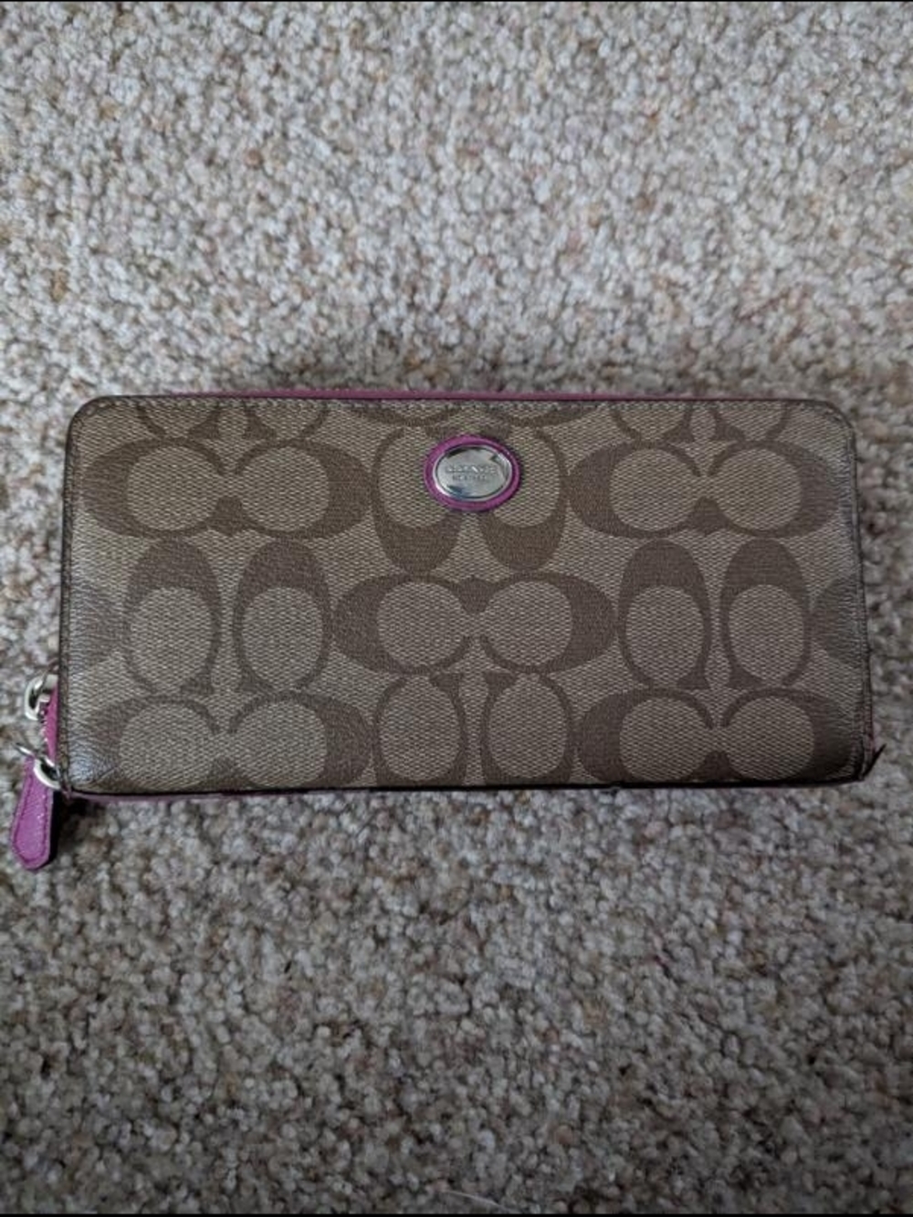 Coach Brown Signature Zip-Around Wallet with Pink Trim
